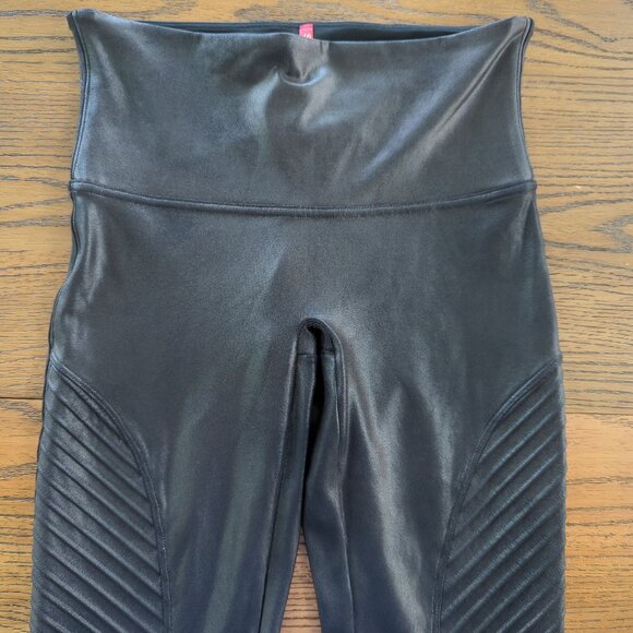 Spanx Faux Leather Moto Black Leggings Size Large Edgy Pull on - Picture 13 of 16